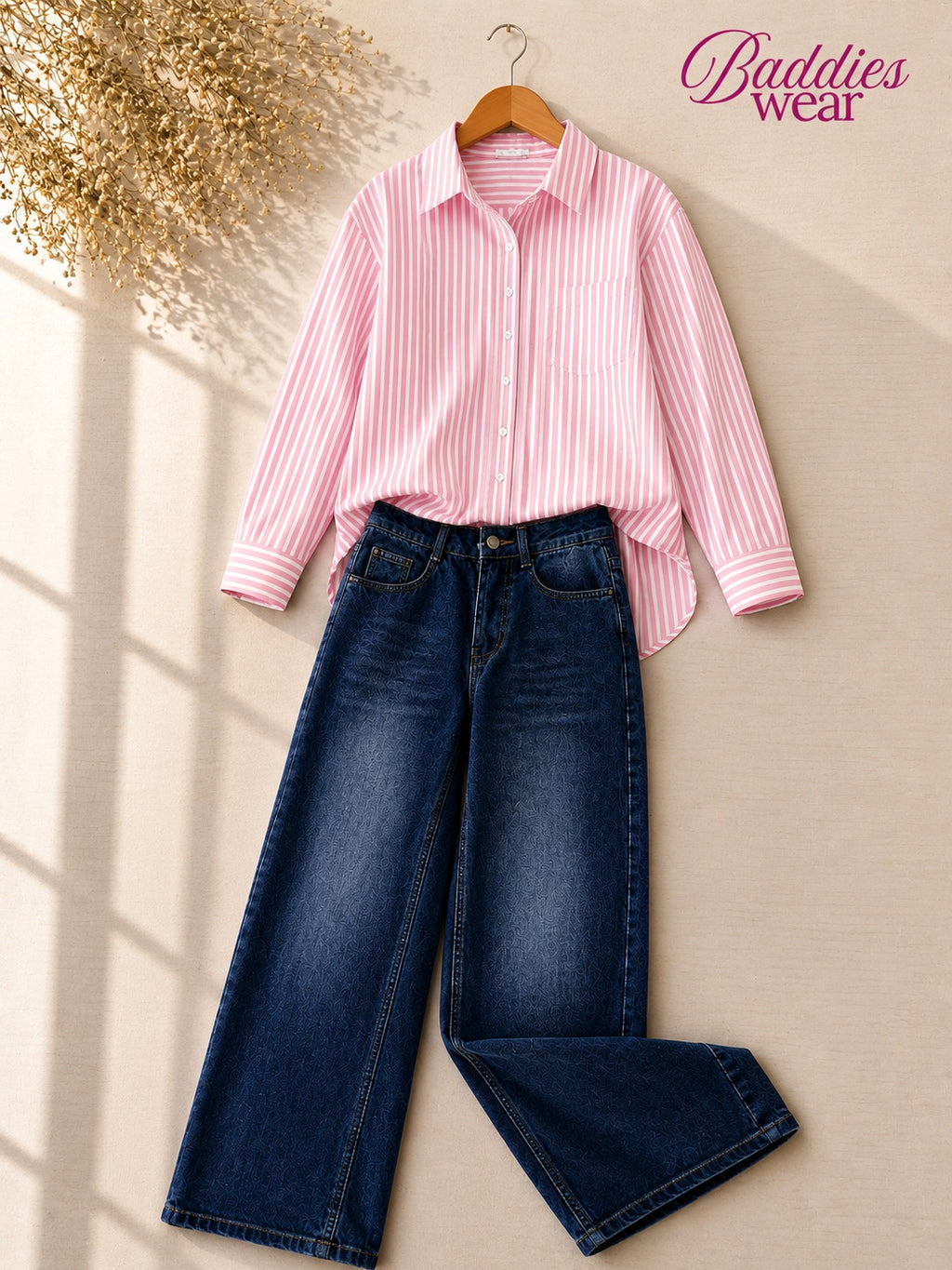 Baby Pink Stripe Button-Down Shirt & Dark Blue Wide Leg Jeans