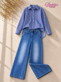 Blue Stripe Button-Down Shirt & Mid Blue Wide Leg Jeans
