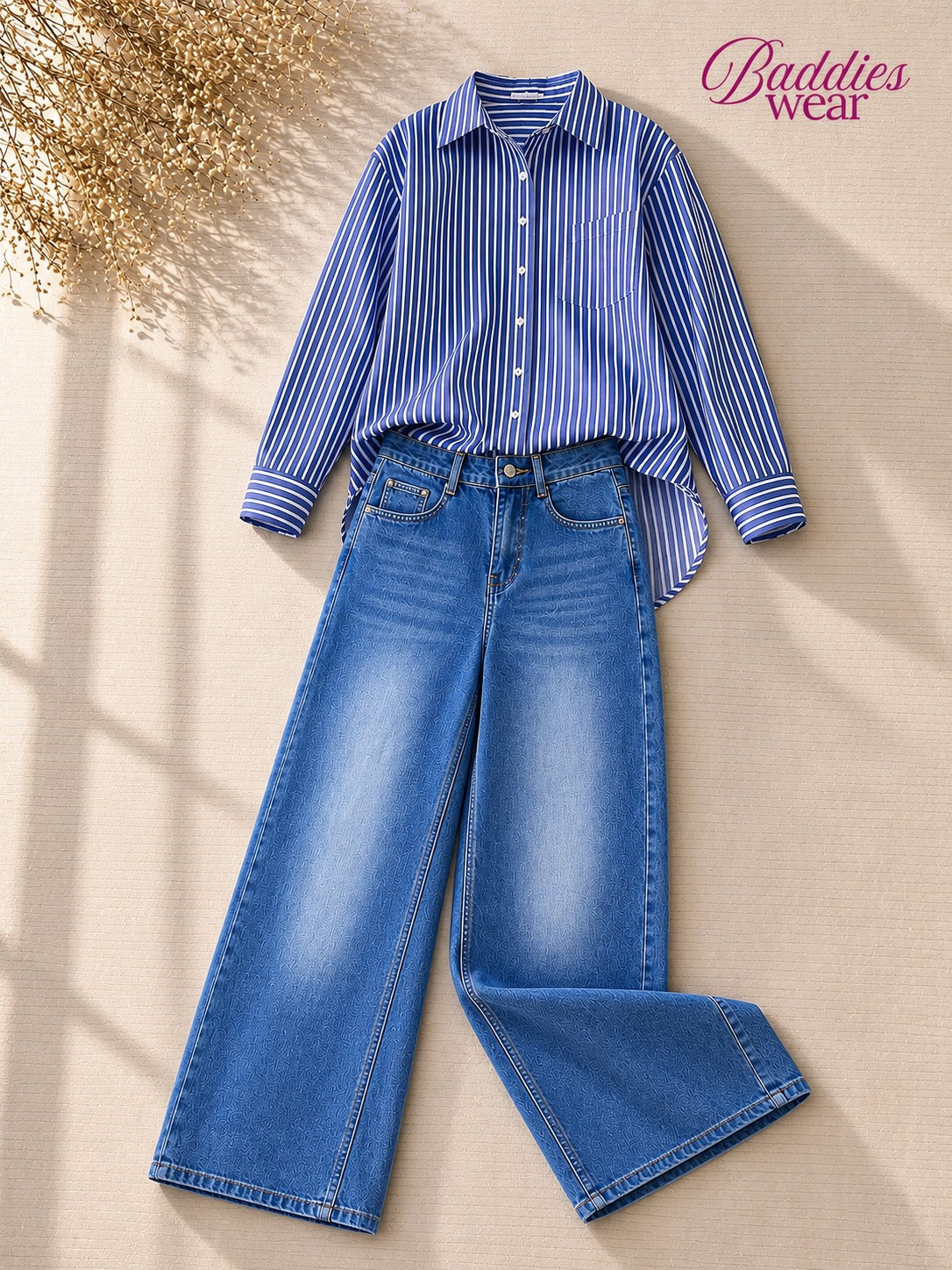 Blue Stripe Button-Down Shirt & Mid Blue Wide Leg Jeans