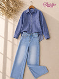 Blue Stripe Button-Down Shirt & Sky Blue Wide Leg Jeans