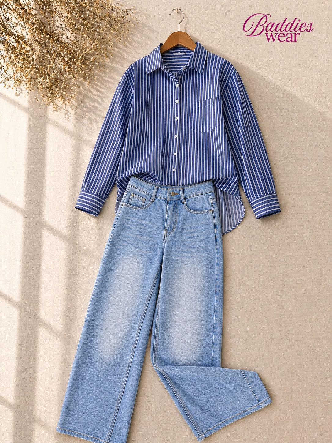 Blue Stripe Button-Down Shirt & Sky Blue Wide Leg Jeans