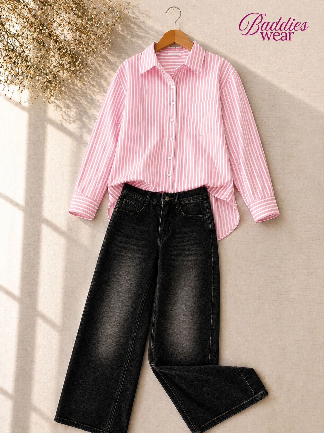 Baby Pink Stripe Button-Down Shirt & Black Wide Leg Jeans