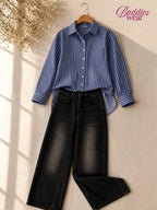 Blue Stripe Button-Down Shirt & Black Wide Leg Jeans