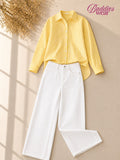Pale Yellow Stripe Button-Down Shirt & White Wide Leg Jeans