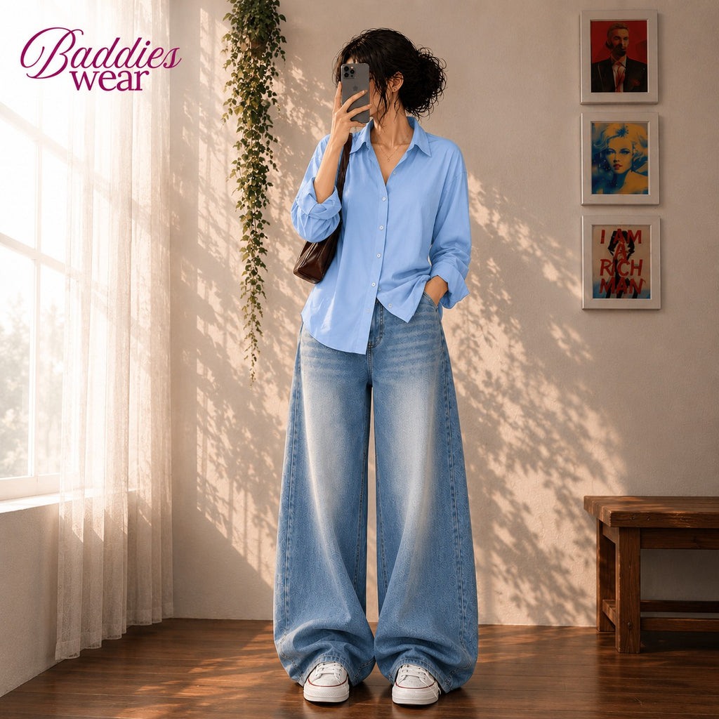 Baby Blue Button-Down Shirt & Sky Blue Vintage Washed Wide Leg Jeans