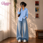 Baby Blue Button-Down Shirt & Sky Blue Vintage Washed Wide Leg Jeans