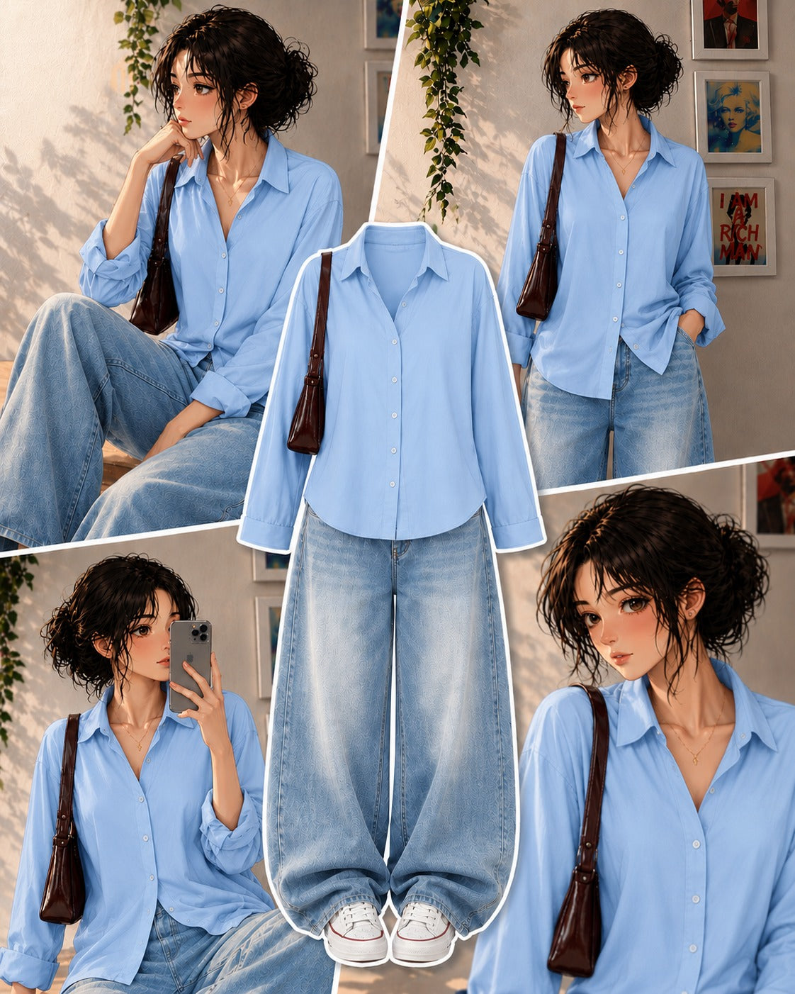 Baby Blue Button-Down Shirt & Sky Blue Vintage Washed Wide Leg Jeans