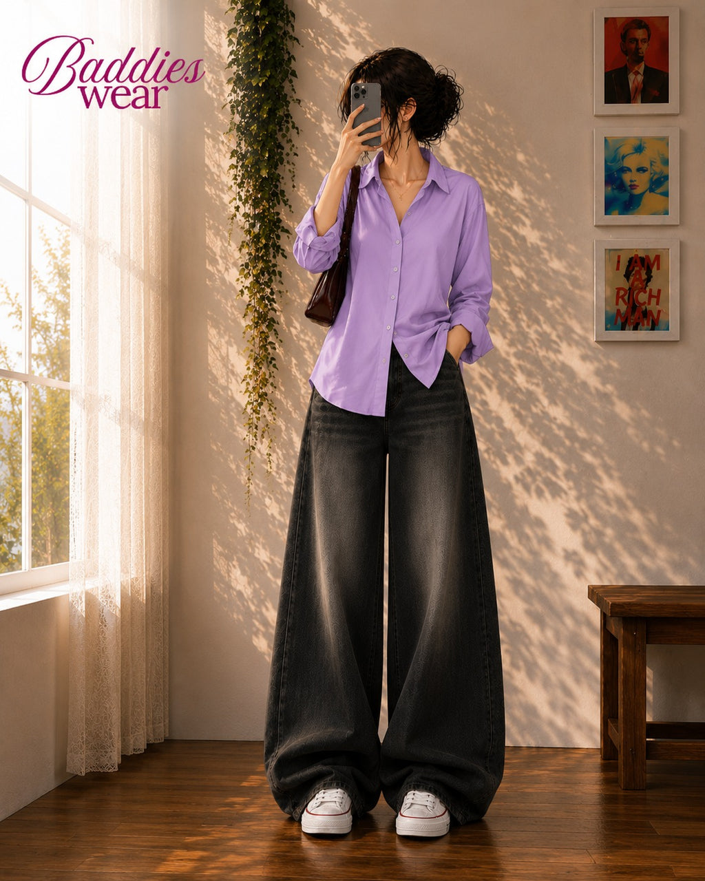 Lilac Button-Down Shirt & Black Vintage Washed Wide Leg Jeans