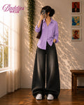 Lilac Button-Down Shirt & Black Vintage Washed Wide Leg Jeans