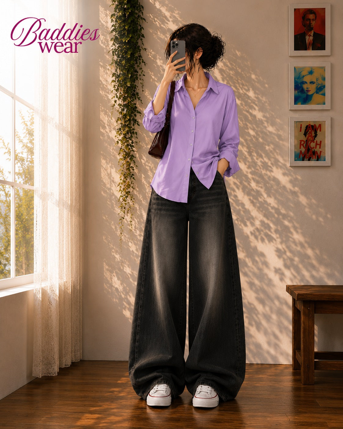 Lilac Button-Down Shirt & Black Vintage Washed Wide Leg Jeans