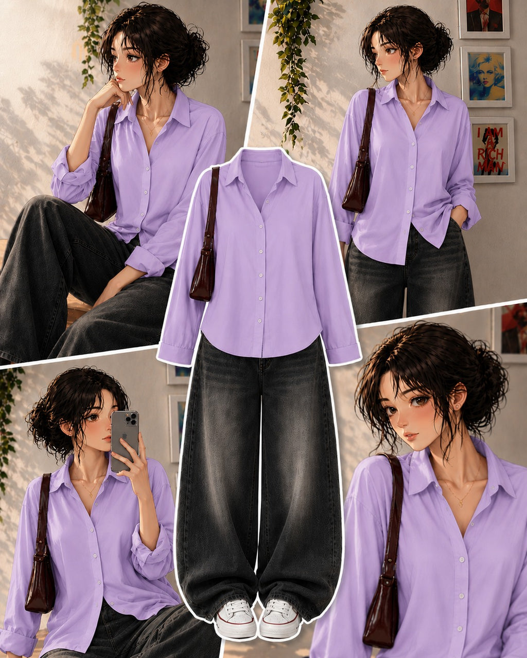 Lilac Button-Down Shirt & Black Vintage Washed Wide Leg Jeans