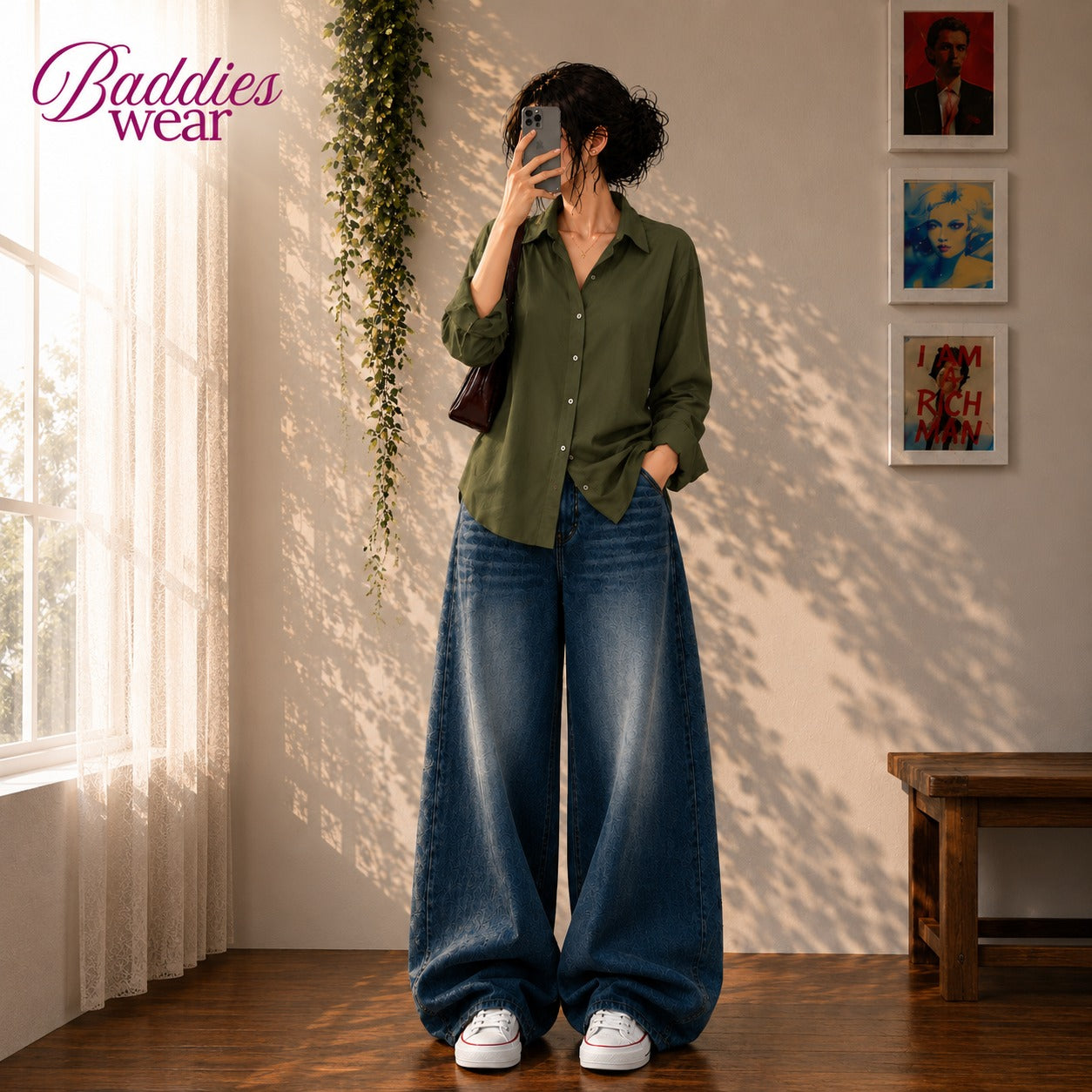 Olive Green Button-Down Shirt & Mid Blue Vintage Washed Wide Leg Jeans