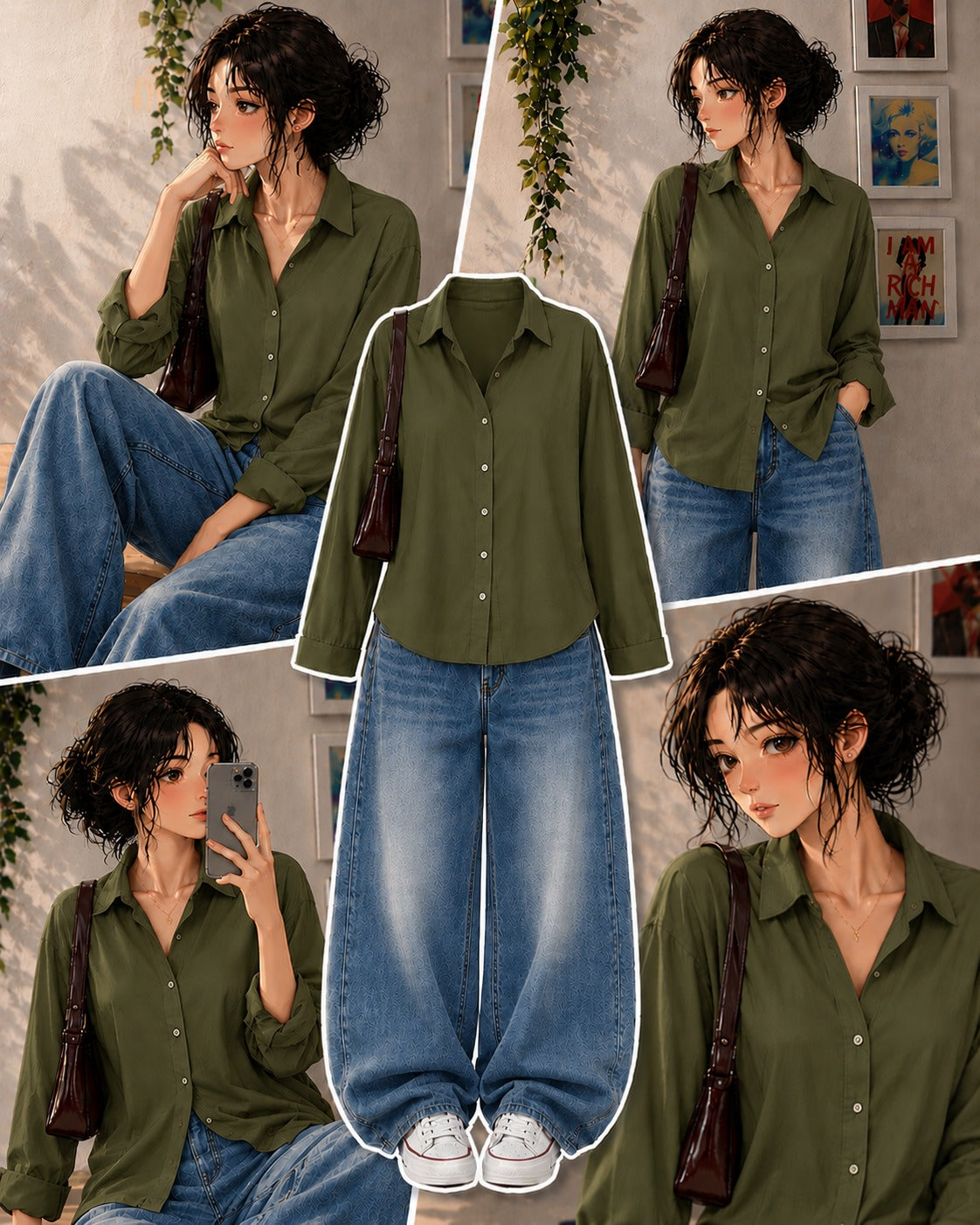Olive Green Button-Down Shirt & Mid Blue Vintage Washed Wide Leg Jeans