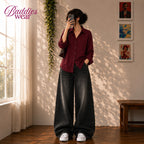 Burgundy Button-Down Shirt & Black Vintage Washed Wide Leg Jeans