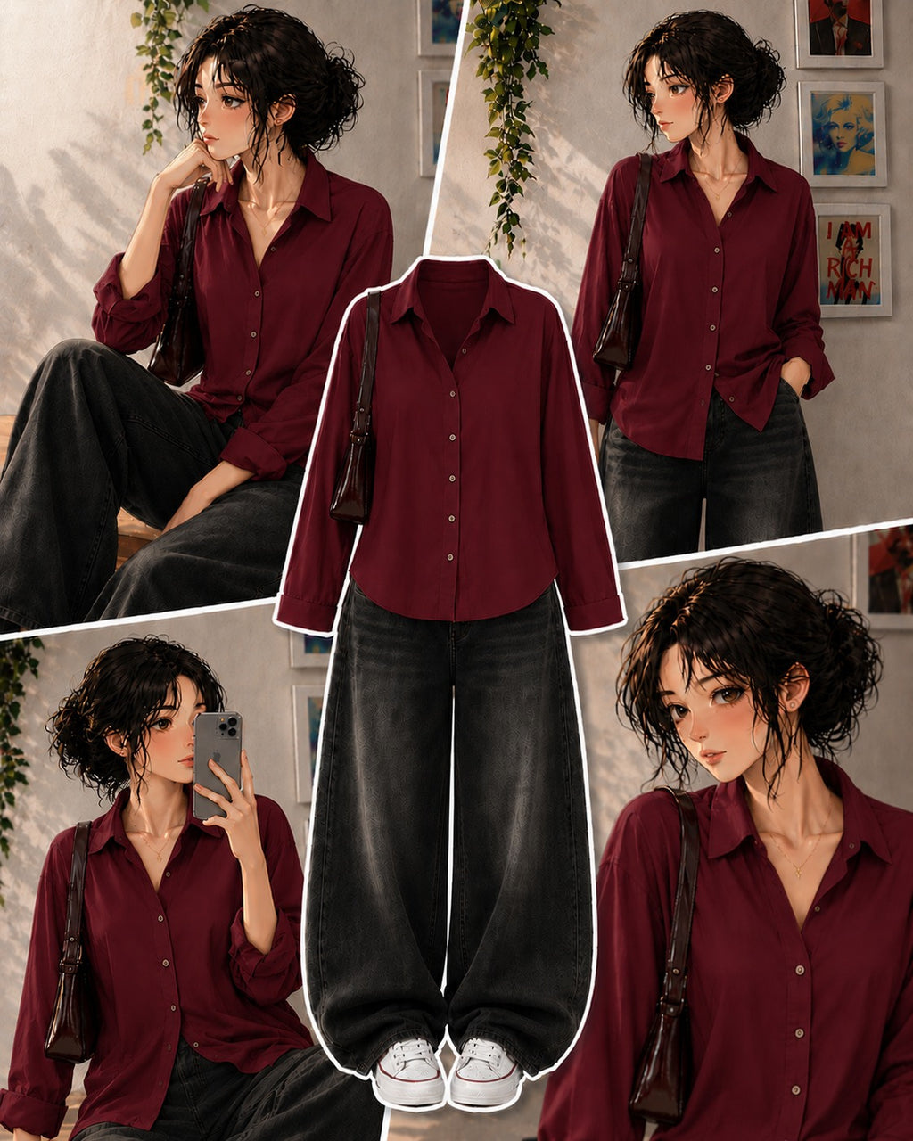 Burgundy Button-Down Shirt & Black Vintage Washed Wide Leg Jeans