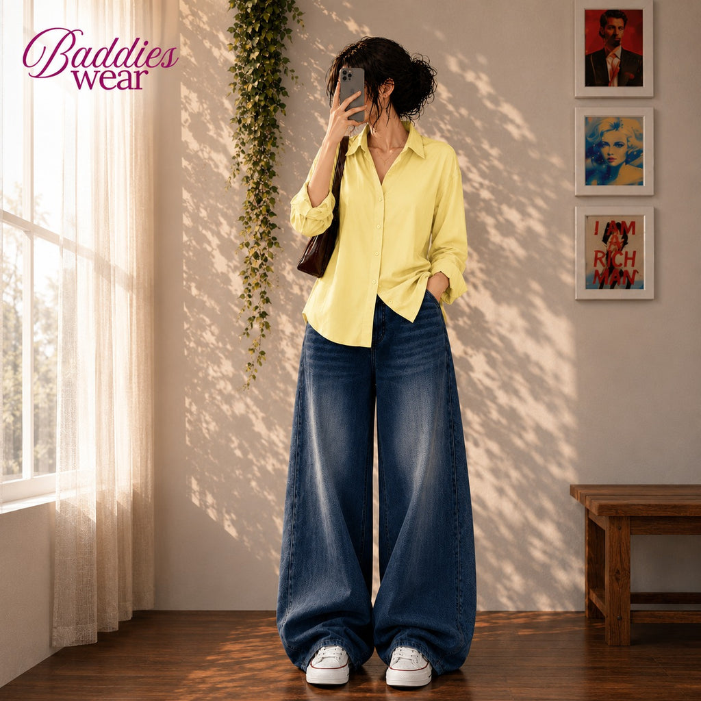 Pale Yellow Button-Down Shirt & Mid Blue Vintage Washed Wide Leg Jeans