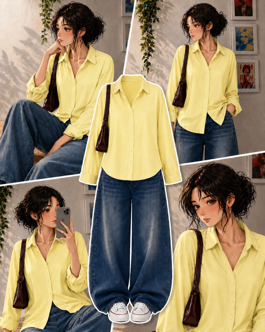 Pale Yellow Button-Down Shirt & Mid Blue Vintage Washed Wide Leg Jeans