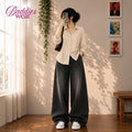 Beige Button-Down Shirt & Black Vintage Washed Wide Leg Jeans