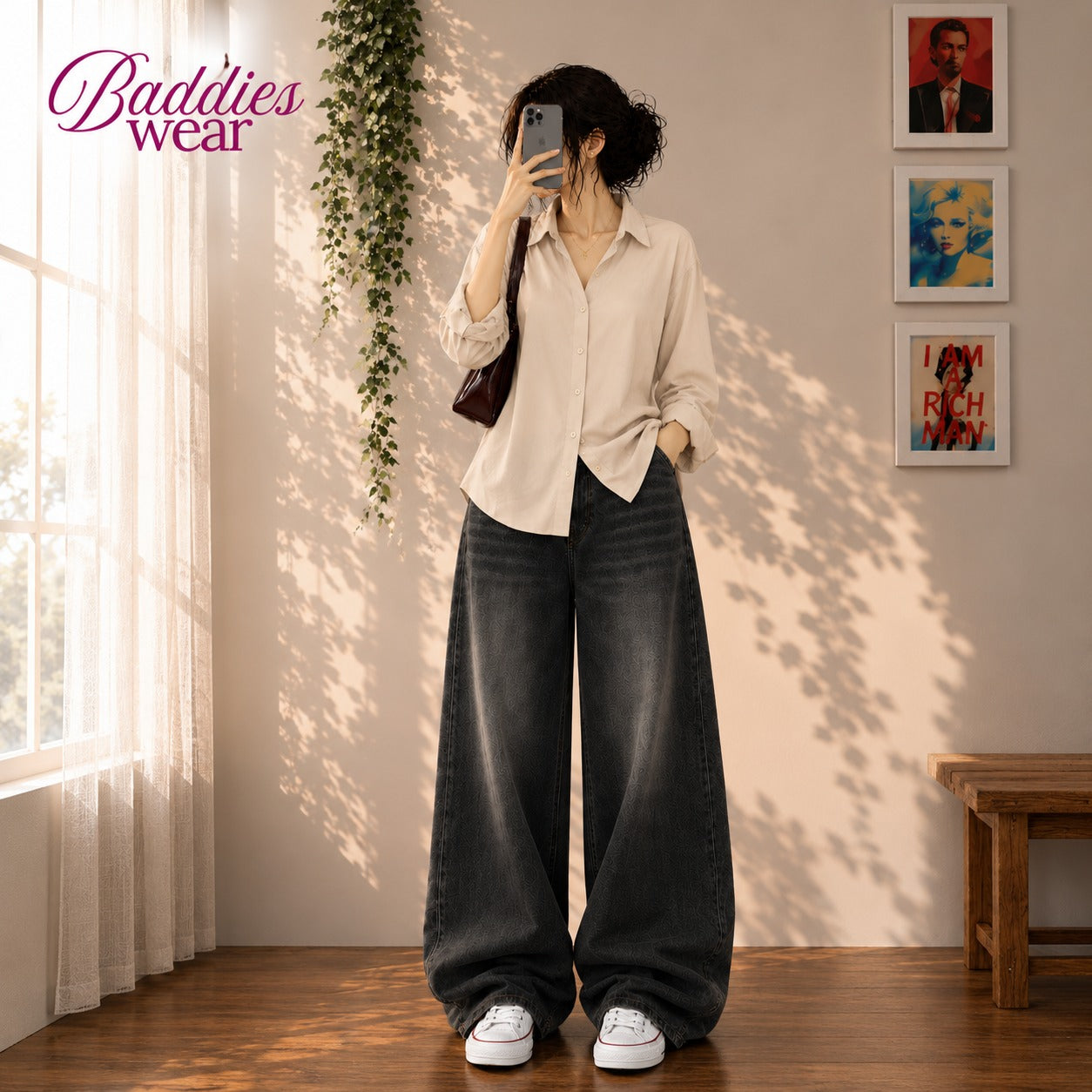 Beige Button-Down Shirt & Black Vintage Washed Wide Leg Jeans
