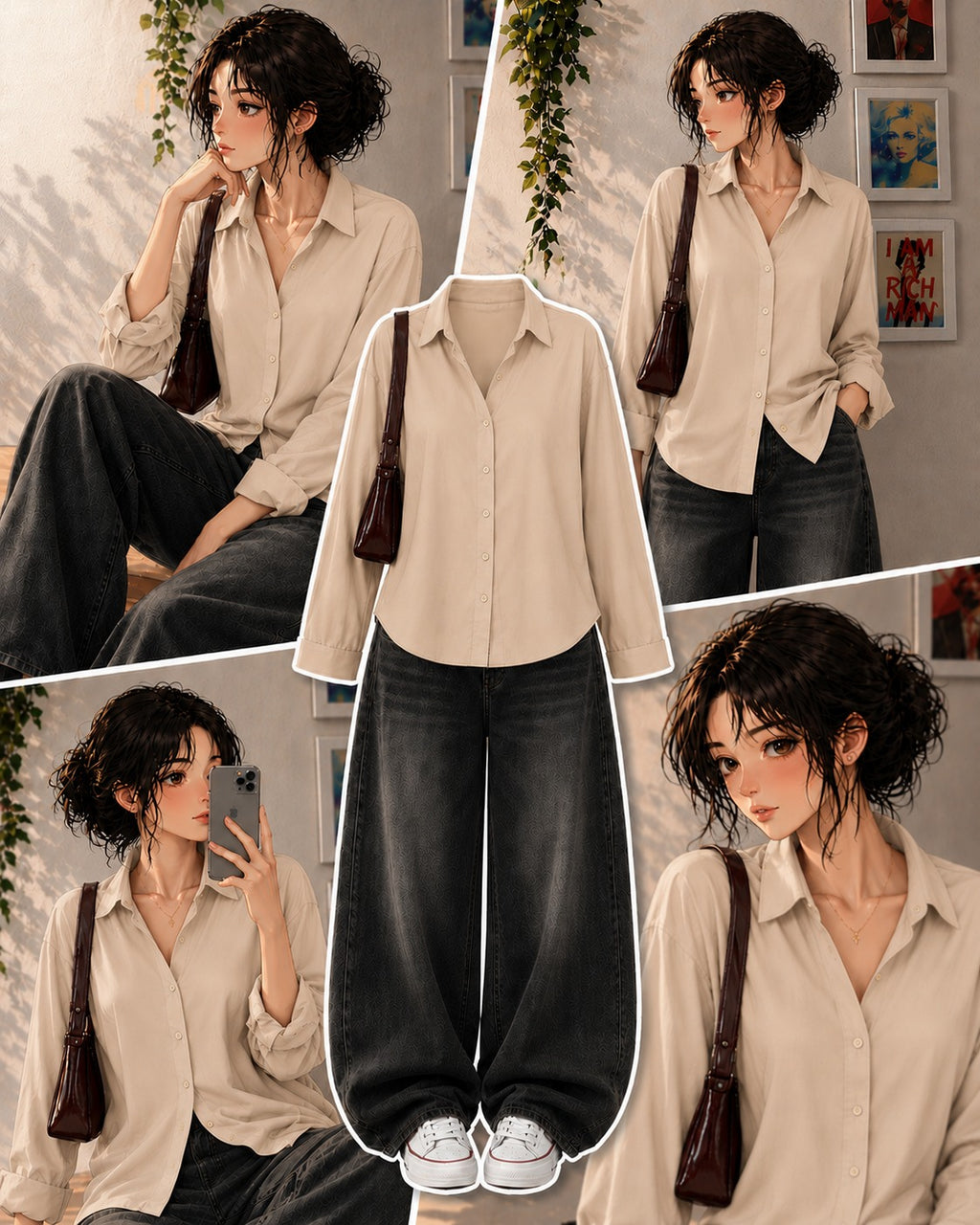 Beige Button-Down Shirt & Black Vintage Washed Wide Leg Jeans