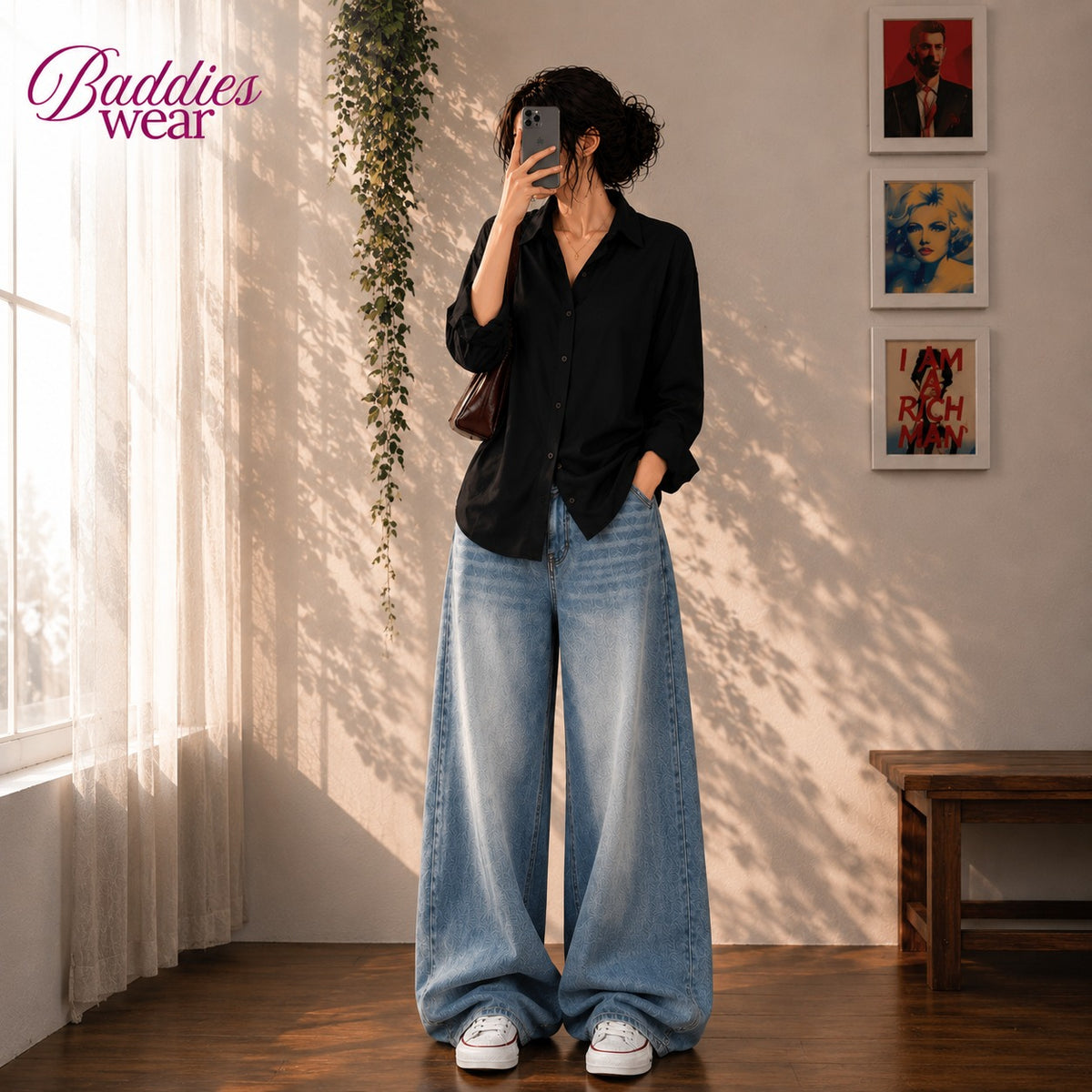 Black Button-Down Shirt & Sky Blue Vintage Washed Wide Leg Jeans