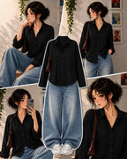 Black Button-Down Shirt & Sky Blue Vintage Washed Wide Leg Jeans