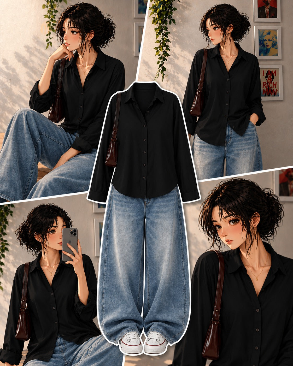 Black Button-Down Shirt & Sky Blue Vintage Washed Wide Leg Jeans