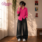 Pink Button-Down Shirt & Black Vintage Washed Wide Leg Jeans