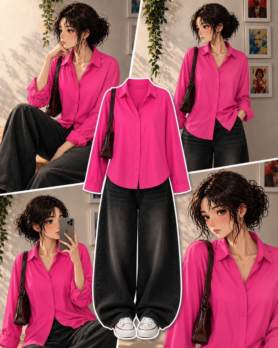 Pink Button-Down Shirt & Black Vintage Washed Wide Leg Jeans