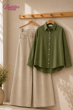 Olive Green Button-Down Shirt & High-Waisted Beige Wide Leg Denim Jeans
