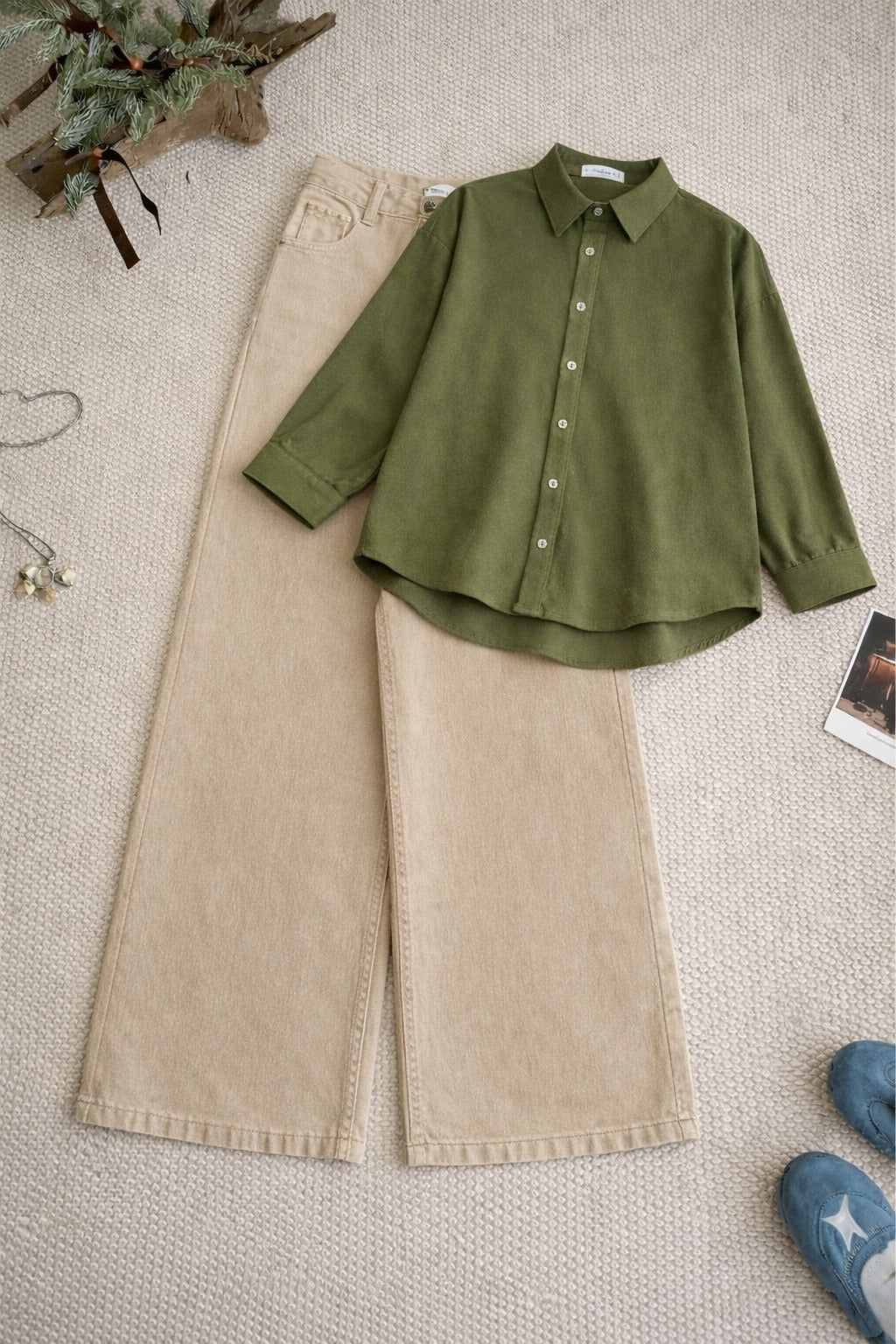 Olive Green Button-Down Shirt & High-Waisted Beige Wide Leg Denim Jeans