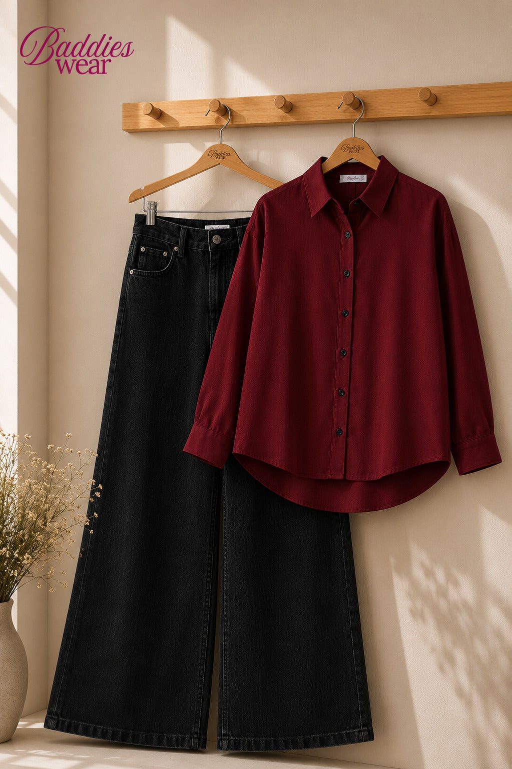 Burgundy Button-Down Shirt & High-Waisted Black Wide Leg Denim Jeans
