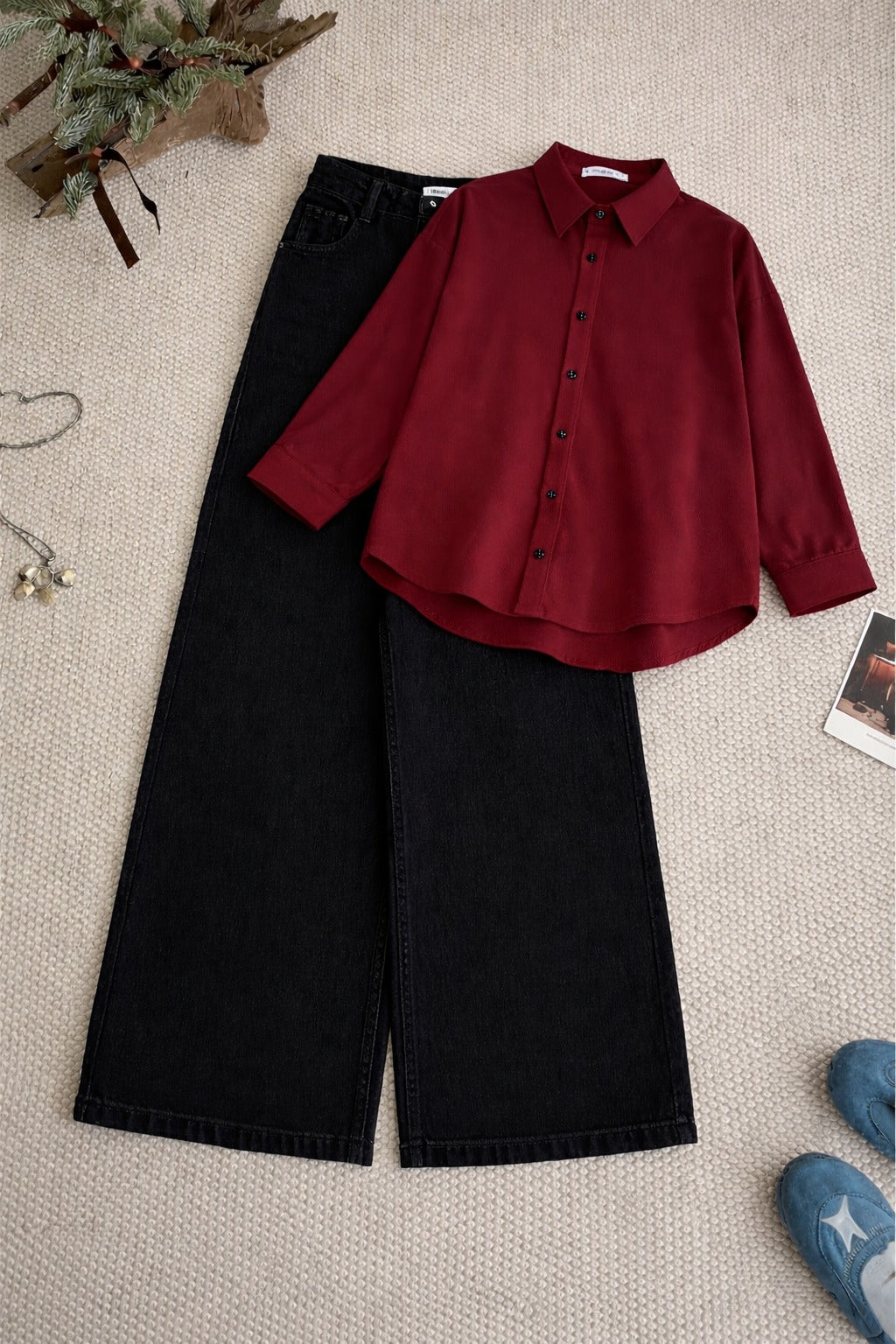 Burgundy Button-Down Shirt & High-Waisted Black Wide Leg Denim Jeans