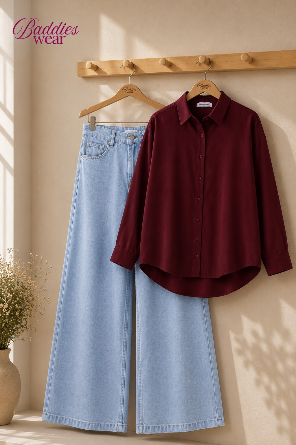 Burgundy Button-Down Shirt & High-Waisted Sky Blue Wide Leg Denim Jeans