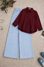 Burgundy Button-Down Shirt & High-Waisted Sky Blue Wide Leg Denim Jeans