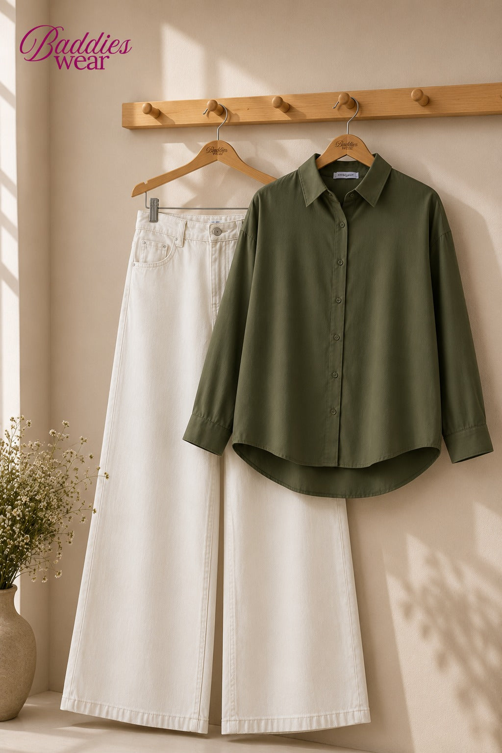 Olive Green Button-Down Shirt & High-Waisted White Wide Leg Denim Jeans