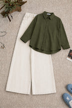 Olive Green Button-Down Shirt & High-Waisted White Wide Leg Denim Jeans