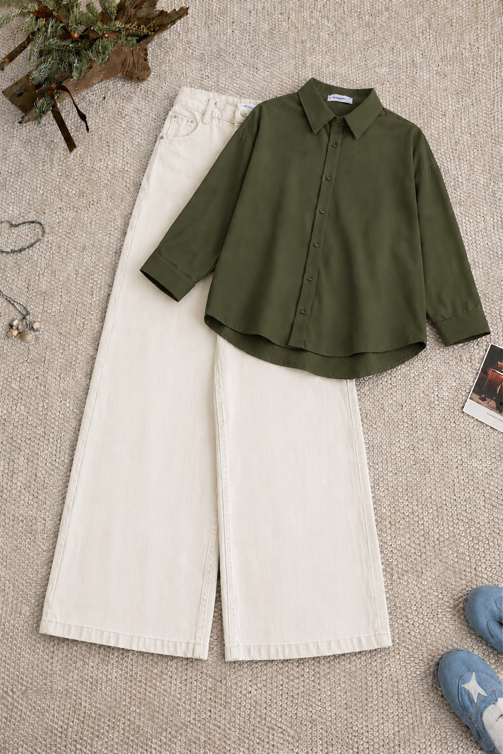 Olive Green Button-Down Shirt & High-Waisted White Wide Leg Denim Jeans