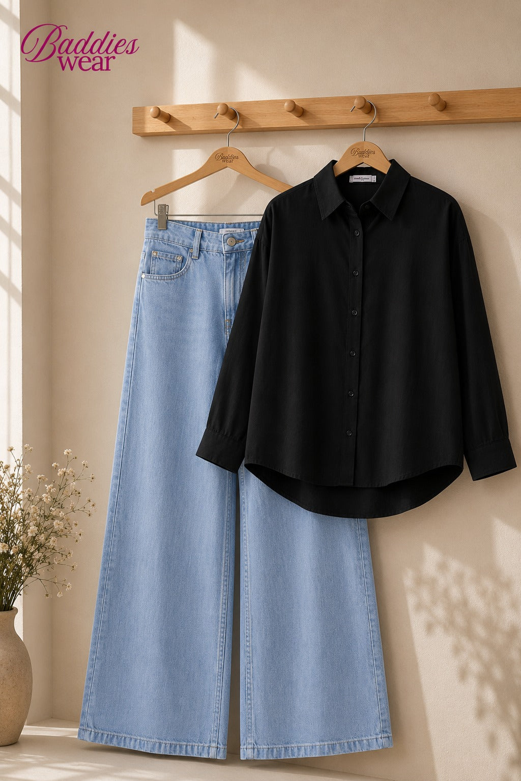 Black Button-Down Shirt & High-Waisted Sky Blue Wide Leg Denim Jeans
