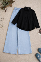 Black Button-Down Shirt & High-Waisted Sky Blue Wide Leg Denim Jeans