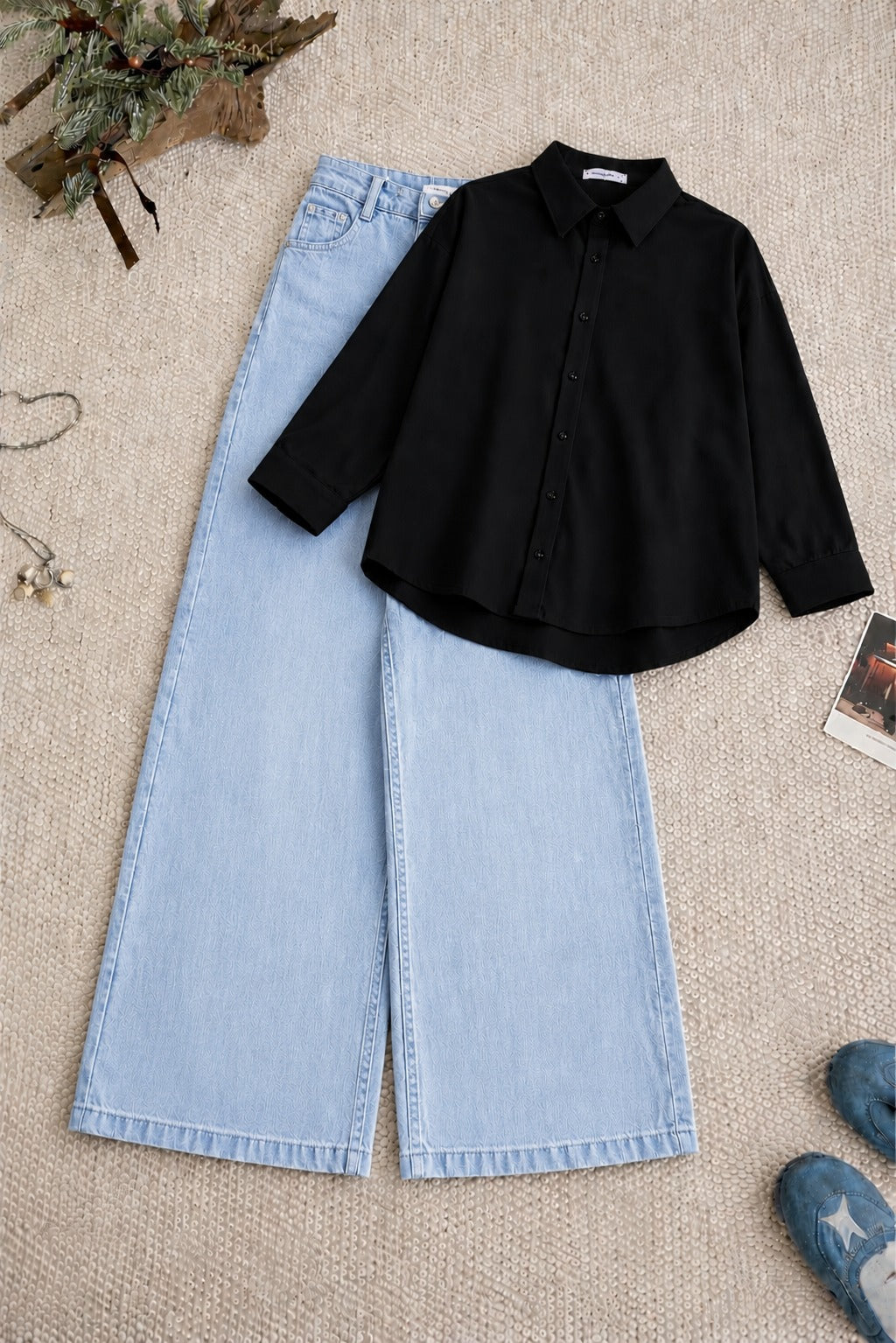 Black Button-Down Shirt & High-Waisted Sky Blue Wide Leg Denim Jeans