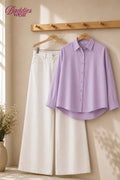 Lilac Button-Down Shirt & High-Waisted White Wide Leg Denim Jeans