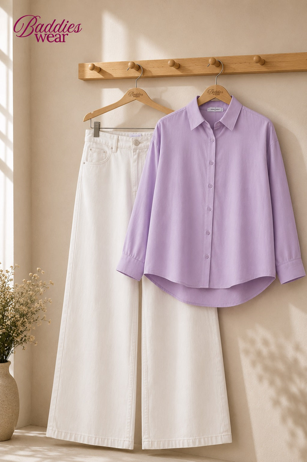 Lilac Button-Down Shirt & High-Waisted White Wide Leg Denim Jeans