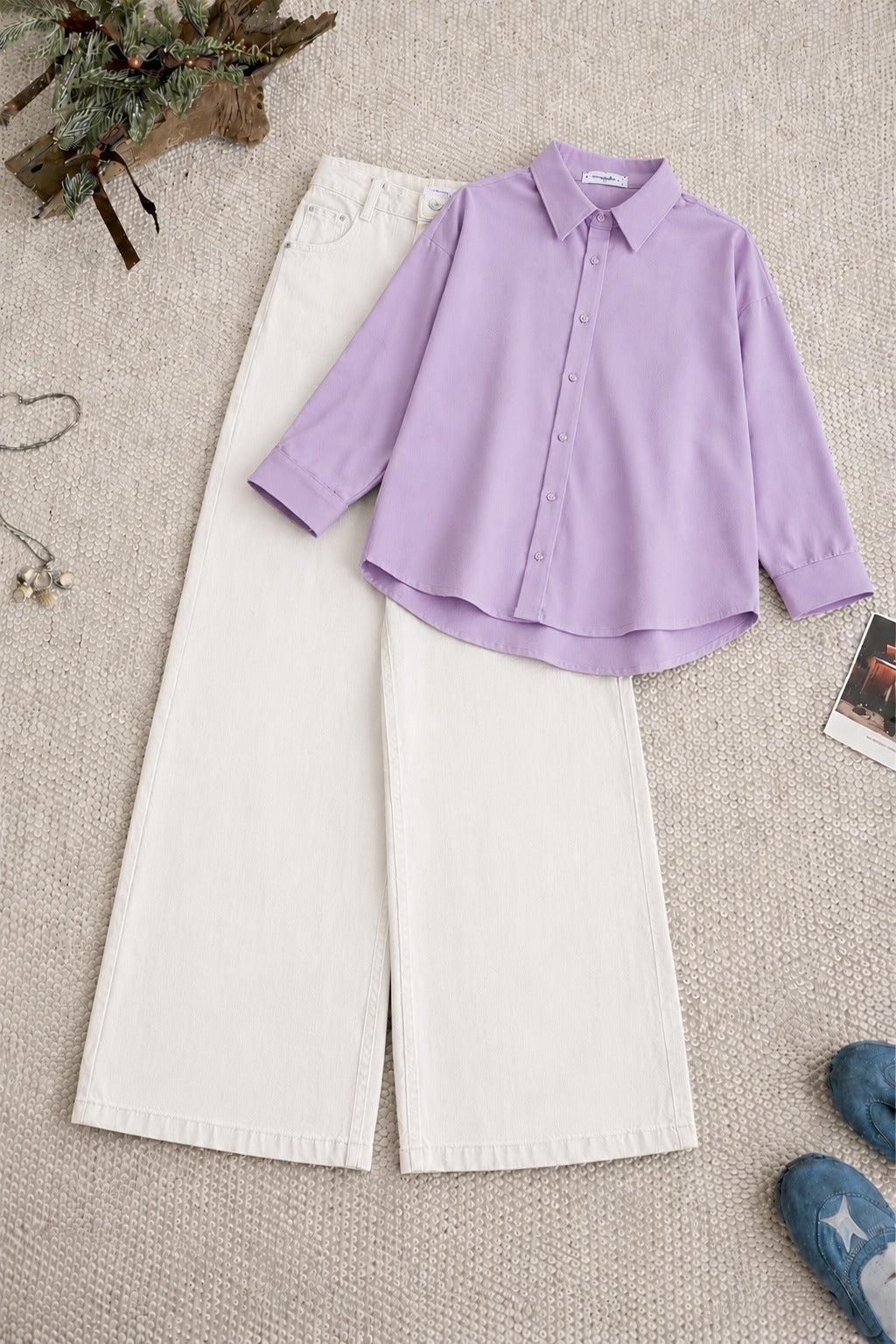 Lilac Button-Down Shirt & High-Waisted White Wide Leg Denim Jeans