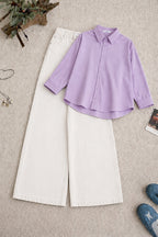 Lilac Button-Down Shirt & High-Waisted White Wide Leg Denim Jeans