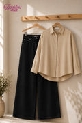 Beige Button-Down Shirt & High-Waisted Black Wide Leg Denim Jeans