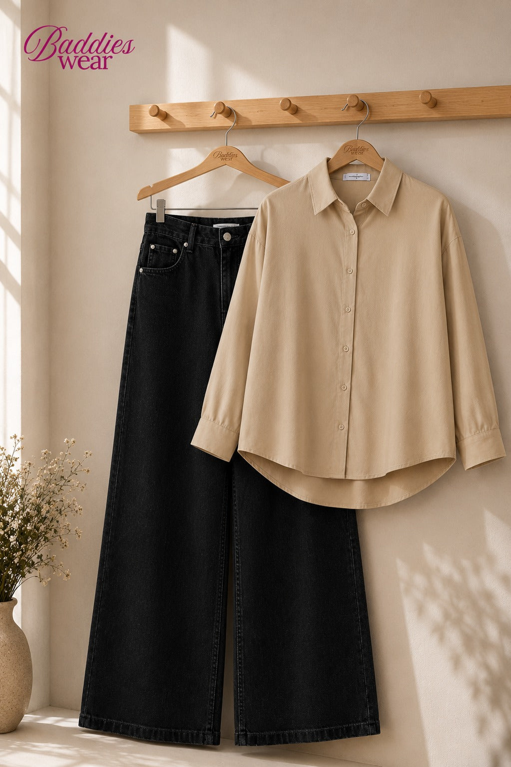 Beige Button-Down Shirt & High-Waisted Black Wide Leg Denim Jeans