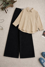 Beige Button-Down Shirt & High-Waisted Black Wide Leg Denim Jeans