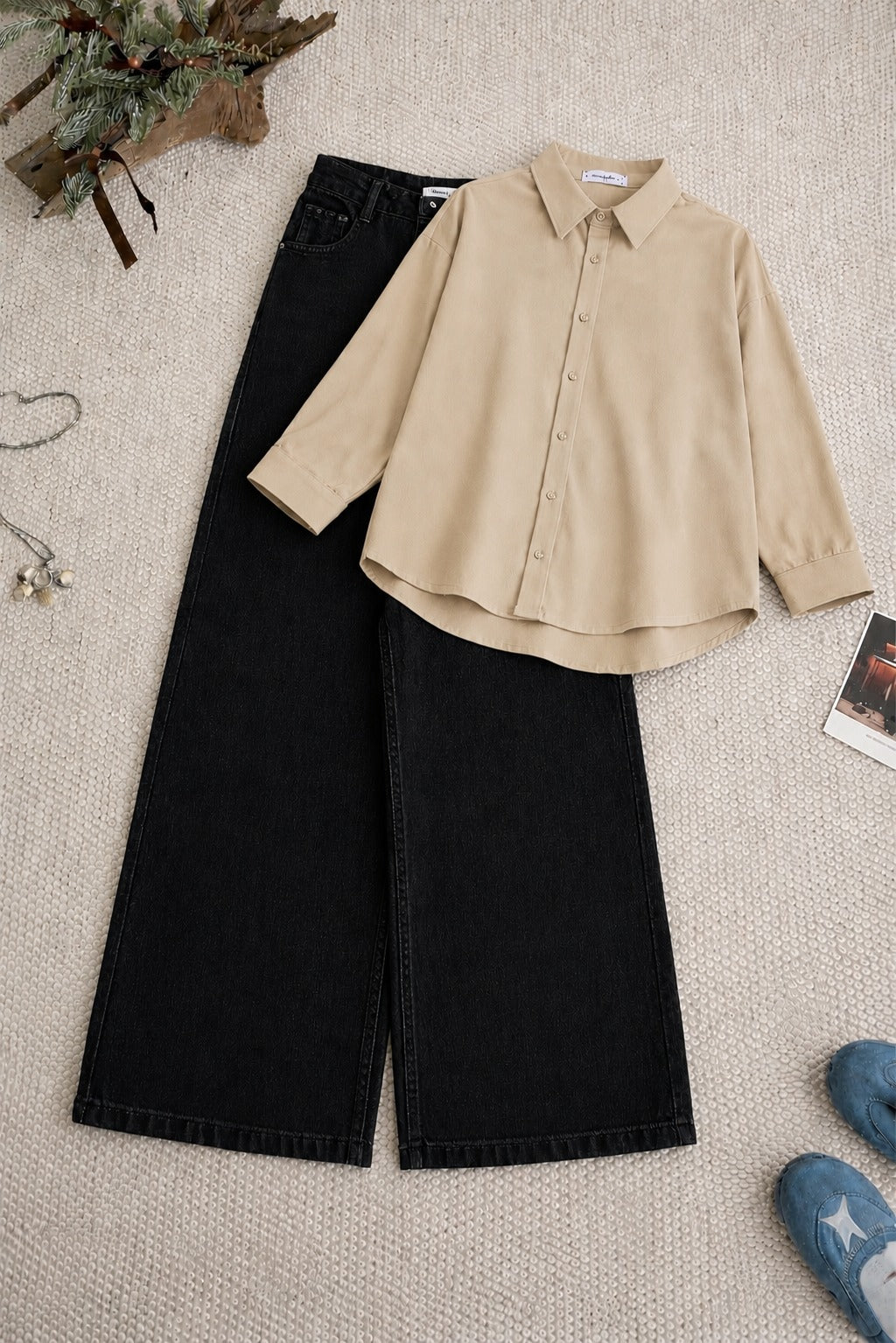 Beige Button-Down Shirt & High-Waisted Black Wide Leg Denim Jeans