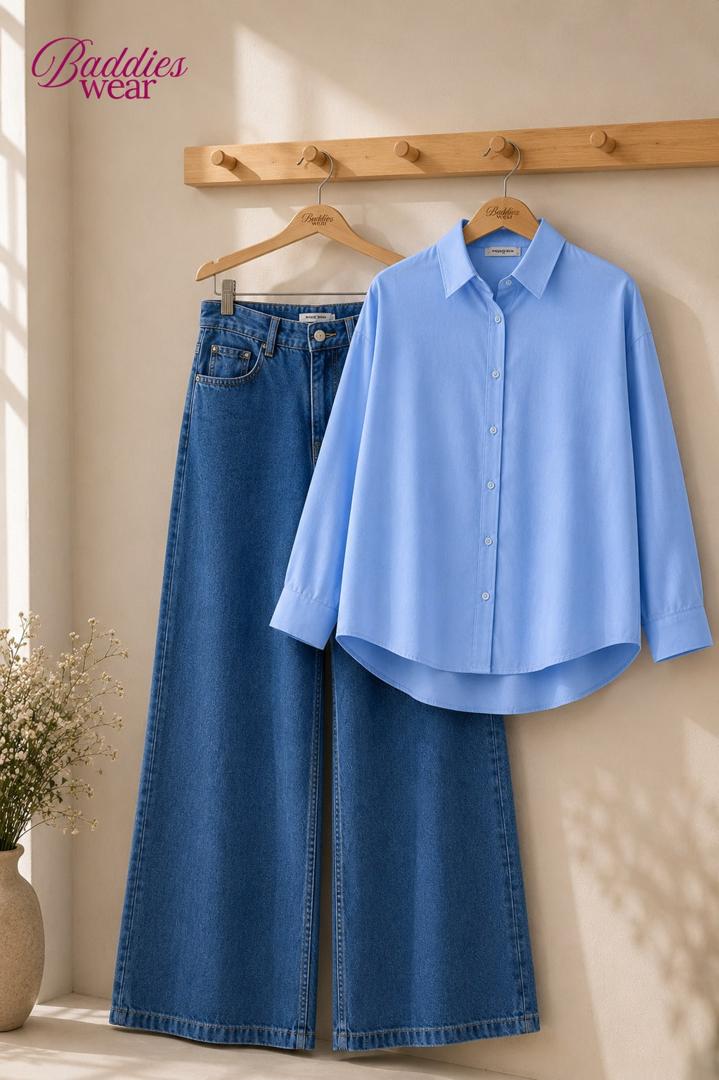Sky Blue  Button-Down Shirt & High-Waisted Mid Blue Wide Leg Denim Jeans